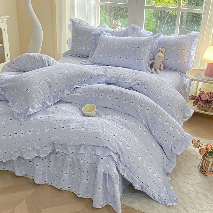 91家纺网 家纺一手货源 找家纺 昊川家纺 2026新款奶芙双层纱皱皱纱小清新多功能韩版花边床盖四件套 温柔兔-蓝