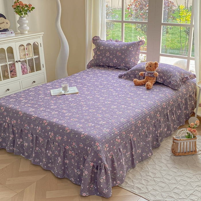 91家纺网 家纺一手货源 找家纺 昊川家纺 2026新款奶芙双层纱皱皱纱小清新多功能韩版花边床盖四件套 花漾-紫