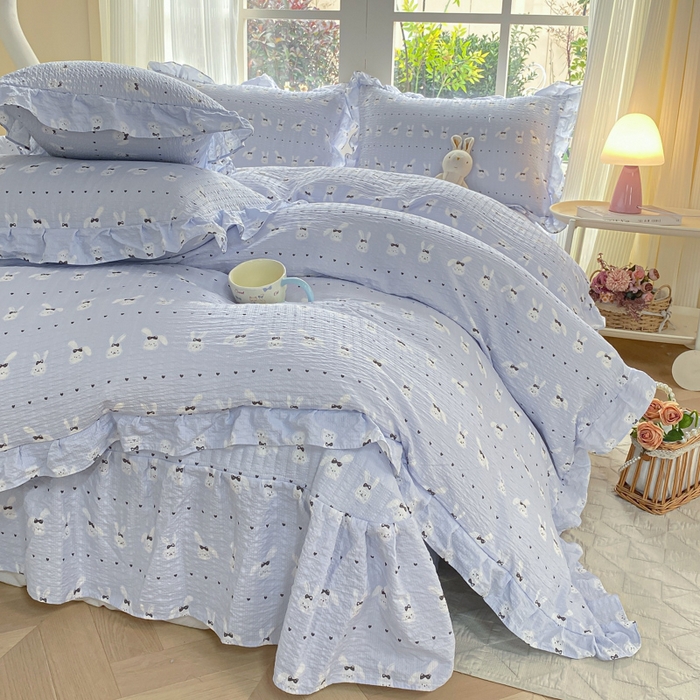 91家纺网 家纺一手货源 找家纺 昊川家纺 2026新款奶芙双层纱皱皱纱小清新多功能韩版花边床盖四件套 温柔兔-蓝