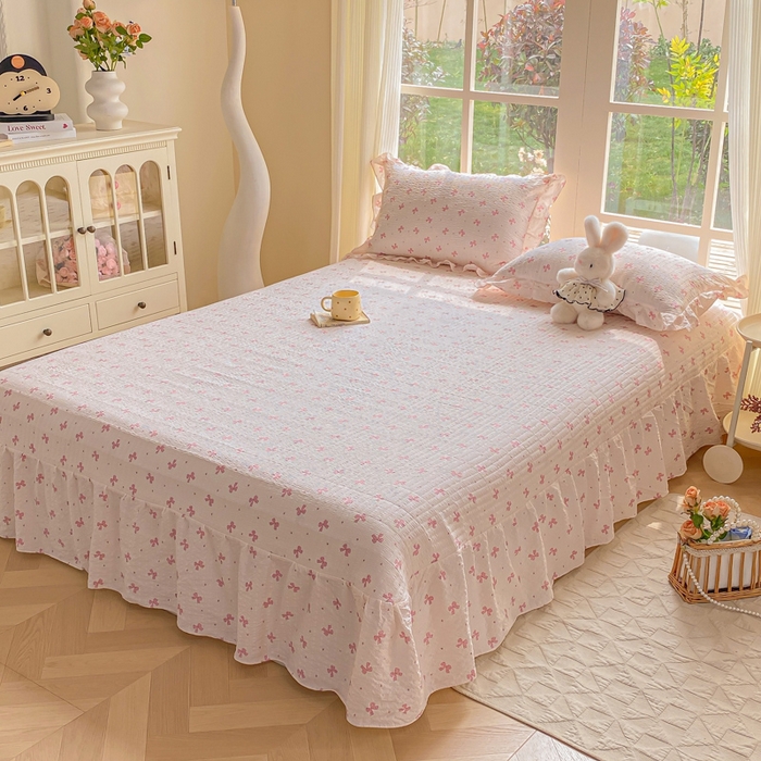 91家纺网 家纺一手货源 找家纺 昊川家纺 2026新款奶芙双层纱皱皱纱小清新多功能韩版花边床盖四件套 蝴蝶结-樱花粉