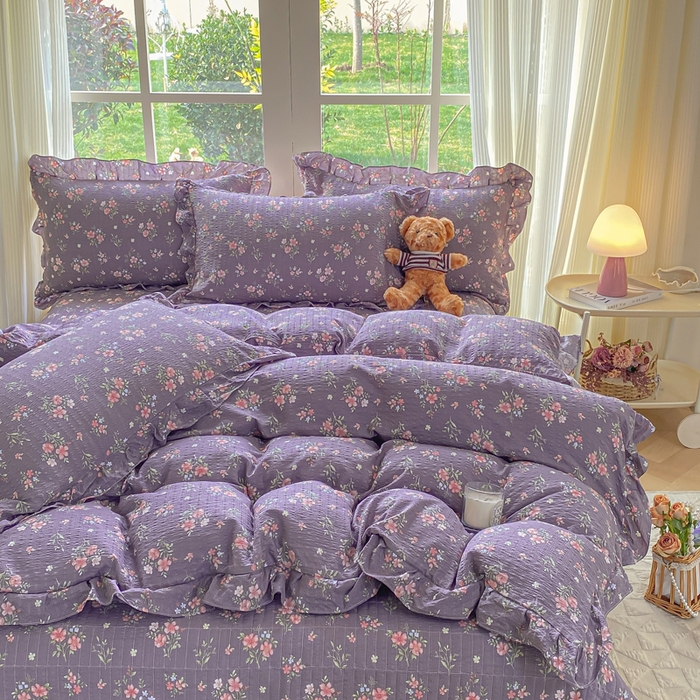 91家纺网 家纺一手货源 找家纺 昊川家纺 2026新款奶芙双层纱皱皱纱小清新多功能韩版花边床盖四件套 花漾-紫