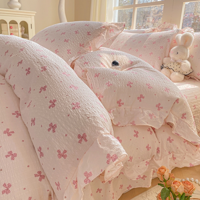 昊川家纺 2026新款奶芙双层纱皱皱纱小清新多功能韩版花边床盖四件套 蝴蝶结-樱花粉