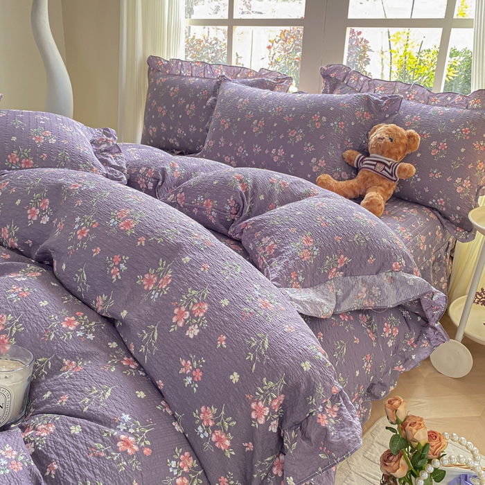 91家纺网 家纺一手货源 找家纺 昊川家纺 2026新款奶芙双层纱皱皱纱小清新多功能韩版花边床盖四件套 花漾-紫