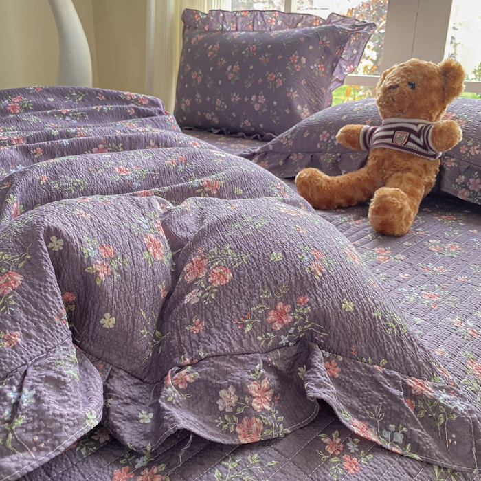 91家纺网 家纺一手货源 找家纺 昊川家纺 2026新款奶芙双层纱皱皱纱小清新多功能韩版花边床盖四件套 花漾-紫