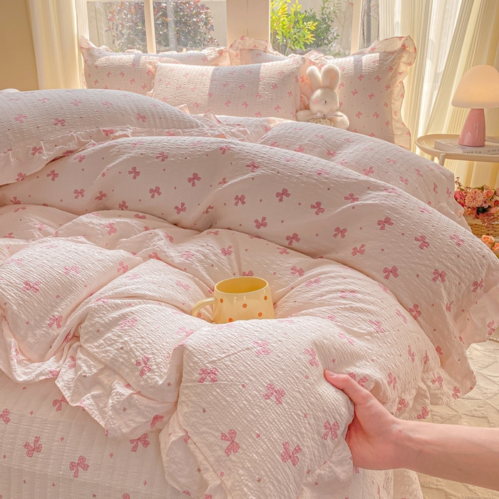 91家纺网 家纺一手货源 找家纺 昊川家纺 2026新款奶芙双层纱皱皱纱小清新多功能韩版花边床盖四件套 蝴蝶结-樱花粉