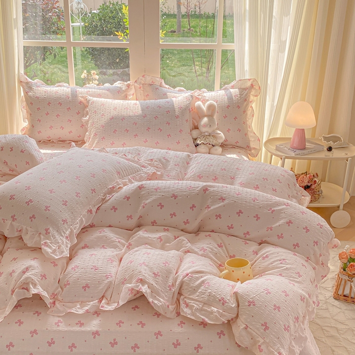 91家纺网 家纺一手货源 找家纺 昊川家纺 2026新款奶芙双层纱皱皱纱小清新多功能韩版花边床盖四件套 蝴蝶结-樱花粉
