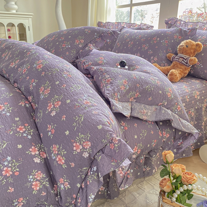 昊川家纺 2026新款奶芙双层纱皱皱纱小清新多功能韩版花边床盖四件套 花漾-紫