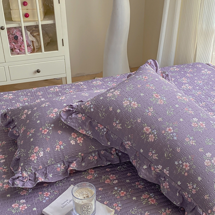 91家纺网 家纺一手货源 找家纺 昊川家纺 2026新款奶芙双层纱皱皱纱小清新多功能韩版花边床盖四件套 花漾-紫