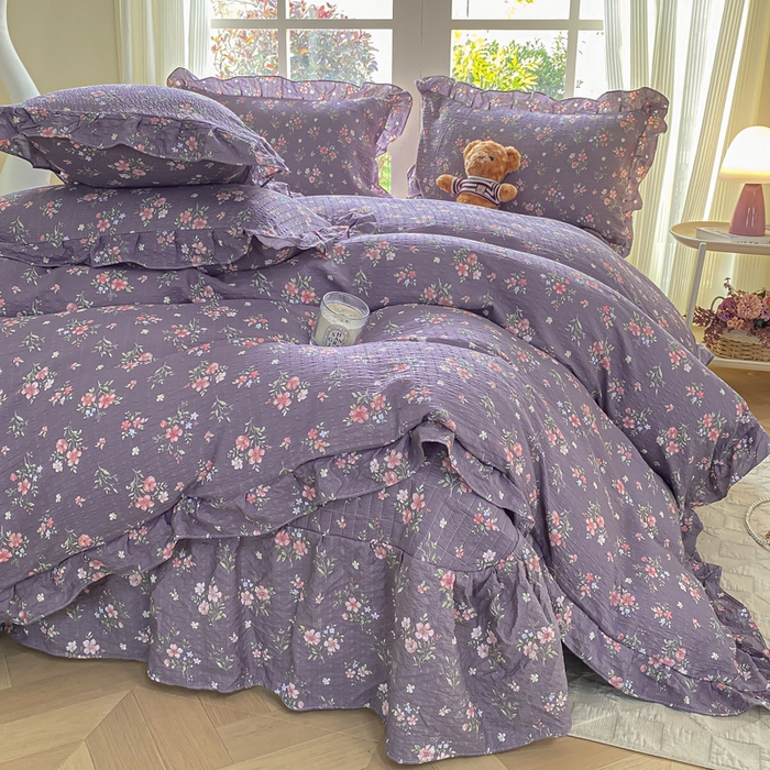 91家纺网 家纺一手货源 找家纺 昊川家纺 2026新款奶芙双层纱皱皱纱小清新多功能韩版花边床盖四件套 花漾-紫