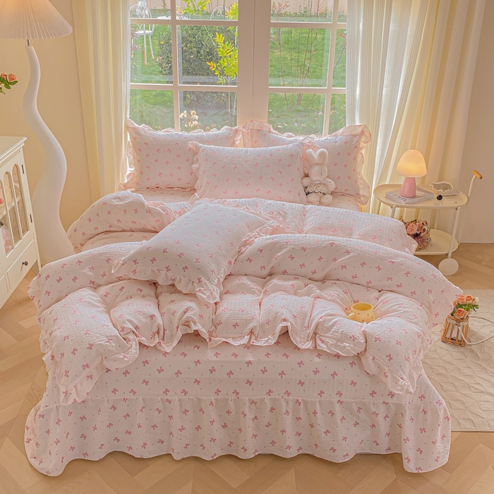 91家纺网 家纺一手货源 找家纺 昊川家纺 2026新款奶芙双层纱皱皱纱小清新多功能韩版花边床盖四件套 蝴蝶结-樱花粉