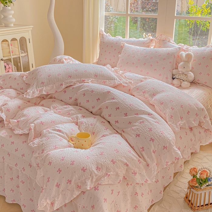 91家纺网 家纺一手货源 找家纺 昊川家纺 2026新款奶芙双层纱皱皱纱小清新多功能韩版花边床盖四件套 蝴蝶结-樱花粉