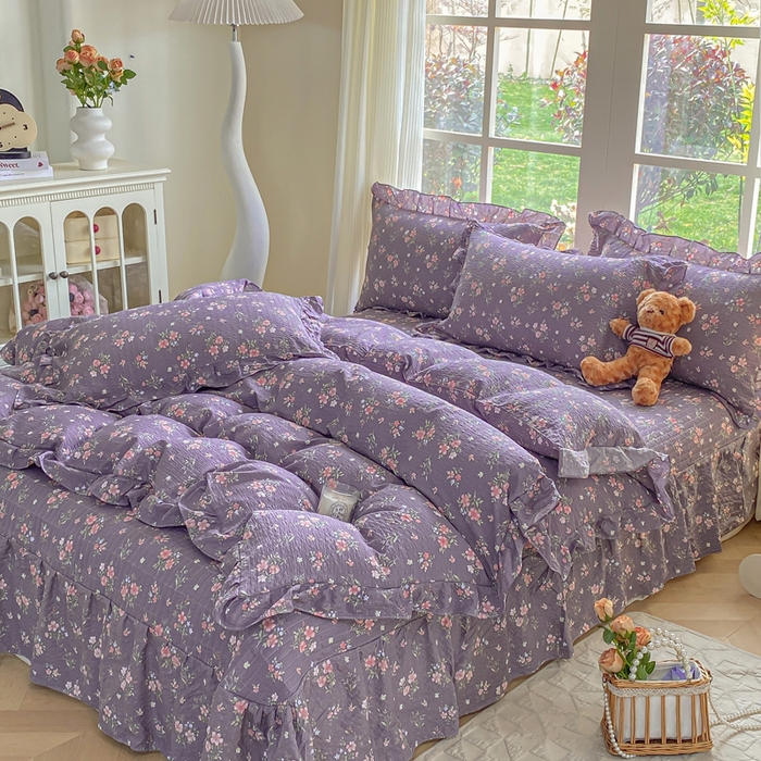 91家纺网 家纺一手货源 找家纺 昊川家纺 2026新款奶芙双层纱皱皱纱小清新多功能韩版花边床盖四件套 花漾-紫