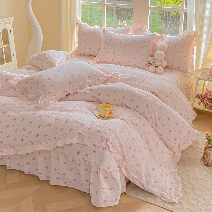 91家纺网 家纺一手货源 找家纺 昊川家纺 2026新款奶芙双层纱皱皱纱小清新多功能韩版花边床盖四件套 蝴蝶结-樱花粉
