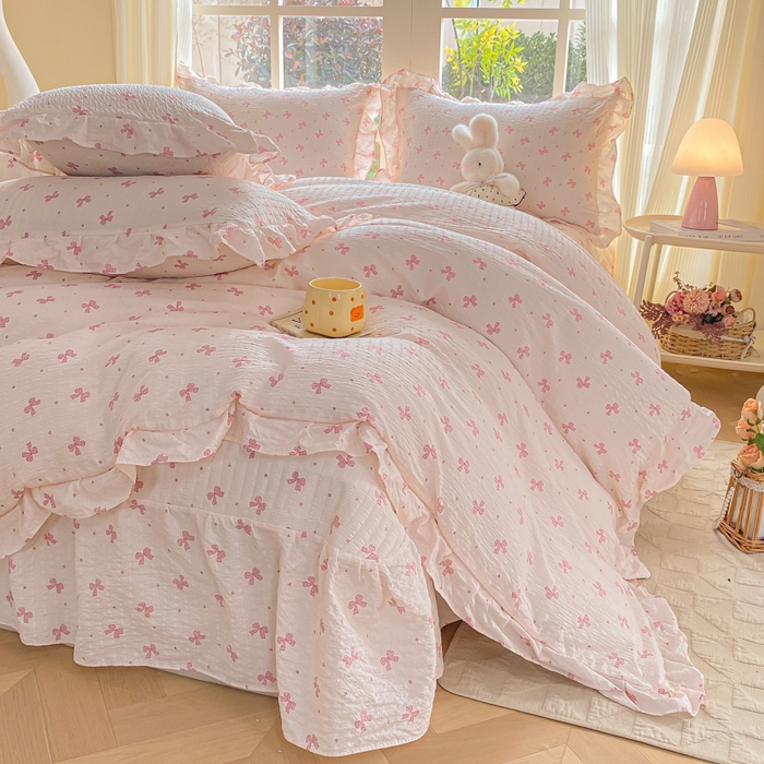 91家纺网 家纺一手货源 找家纺 昊川家纺 2026新款奶芙双层纱皱皱纱小清新多功能韩版花边床盖四件套 蝴蝶结-樱花粉