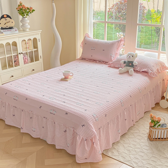 91家纺网 家纺一手货源 找家纺 昊川家纺 2026新款奶芙双层纱皱皱纱小清新多功能韩版花边床盖四件套 小天鹅-浅粉