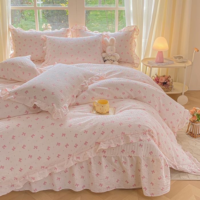91家纺网 家纺一手货源 找家纺 昊川家纺 2026新款奶芙双层纱皱皱纱小清新多功能韩版花边床盖四件套 蝴蝶结-樱花粉