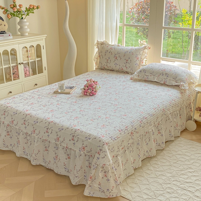 91家纺网 家纺一手货源 找家纺 昊川家纺 2026新款奶芙双层纱皱皱纱小清新多功能韩版花边床盖四件套 倾心-杏粉