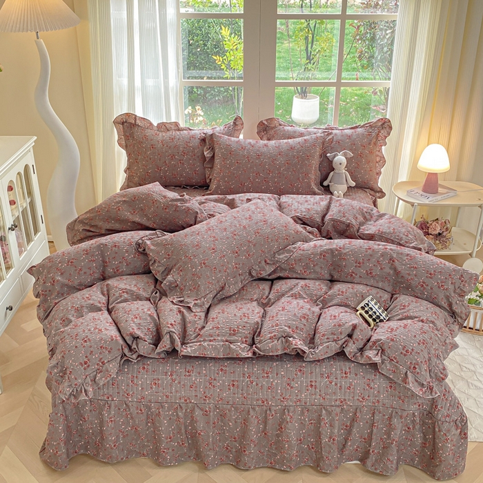 91家纺网 家纺一手货源 找家纺 昊川家纺 2026新款奶芙双层纱皱皱纱小清新多功能韩版花边床盖四件套 胭脂