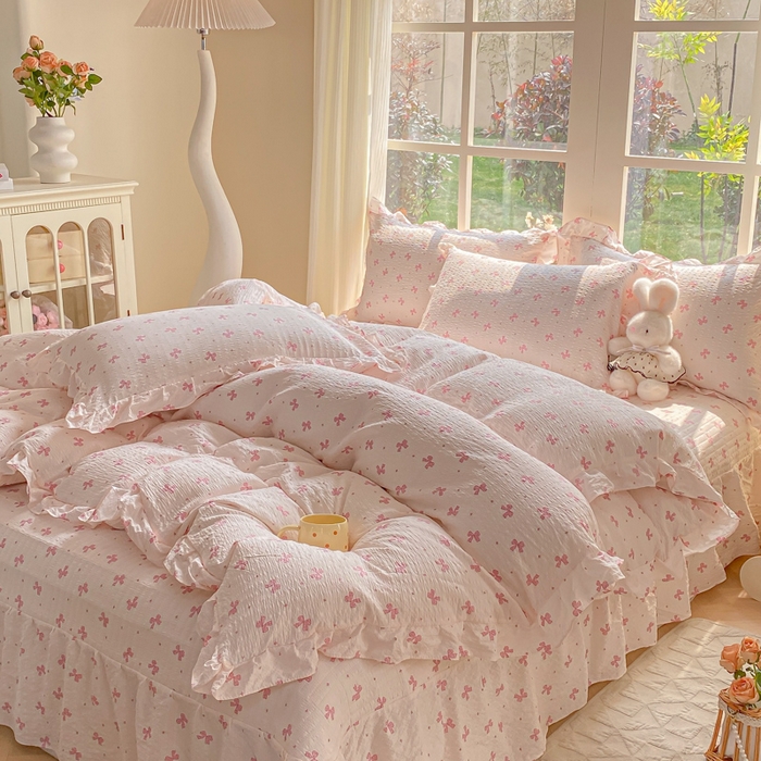 91家纺网 家纺一手货源 找家纺 昊川家纺 2026新款奶芙双层纱皱皱纱小清新多功能韩版花边床盖四件套 蝴蝶结-樱花粉
