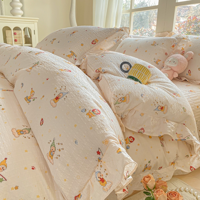 昊川家纺 2026新款奶芙双层纱皱皱纱小清新多功能韩版花边床盖四件套 可爱星人