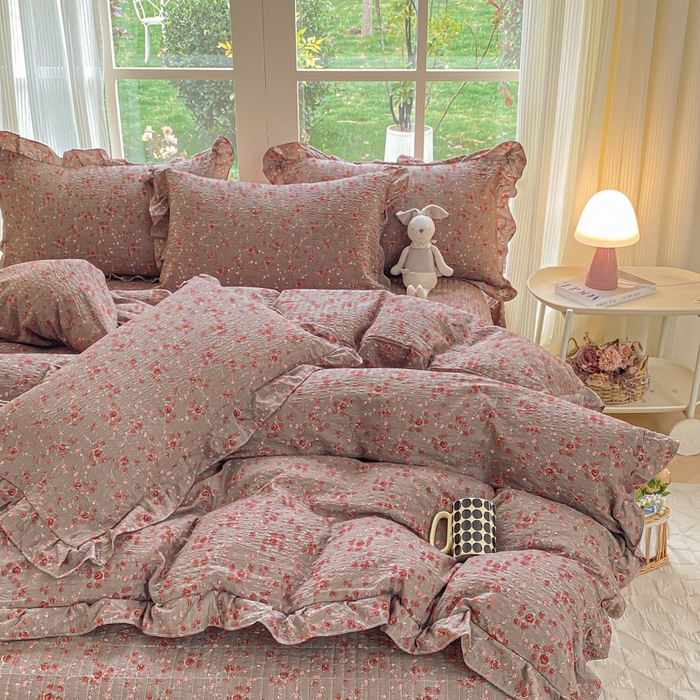 91家纺网 家纺一手货源 找家纺 昊川家纺 2026新款奶芙双层纱皱皱纱小清新多功能韩版花边床盖四件套 胭脂