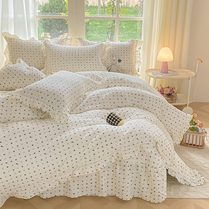 91家纺网 家纺一手货源 找家纺 昊川家纺 2026新款奶芙双层纱皱皱纱小清新多功能韩版花边床盖四件套 心动