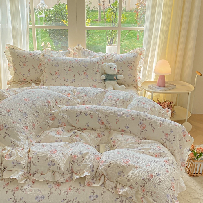 91家纺网 家纺一手货源 找家纺 昊川家纺 2026新款奶芙双层纱皱皱纱小清新多功能韩版花边床盖四件套 倾心-杏粉