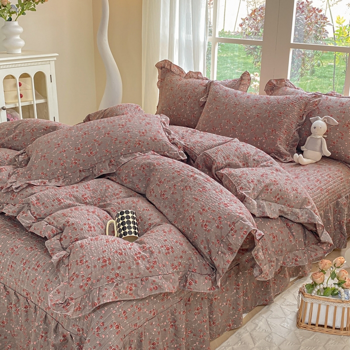 91家纺网 家纺一手货源 找家纺 昊川家纺 2026新款奶芙双层纱皱皱纱小清新多功能韩版花边床盖四件套 胭脂