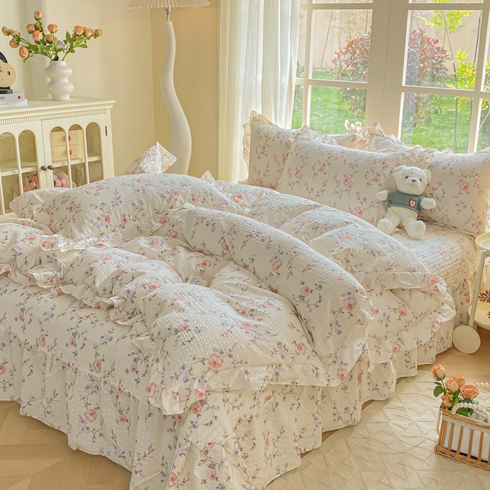 91家纺网 家纺一手货源 找家纺 昊川家纺 2026新款奶芙双层纱皱皱纱小清新多功能韩版花边床盖四件套 倾心-杏粉