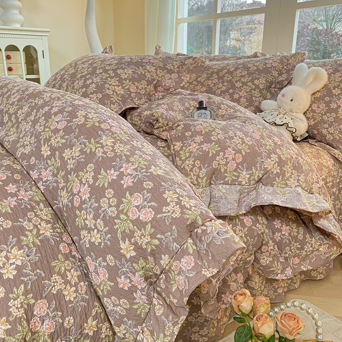 昊川家纺 2026新款奶芙双层纱皱皱纱小清新多功能韩版花边床盖四件套 桔园晚香