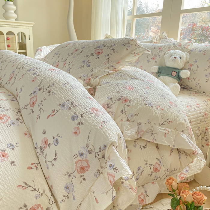 昊川家纺 2026新款奶芙双层纱皱皱纱小清新多功能韩版花边床盖四件套 倾心-杏粉