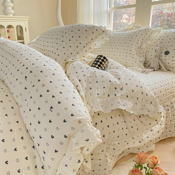 昊川家纺 2026新款奶芙双层纱皱皱纱小清新多功能韩版花边床盖四件套 心动