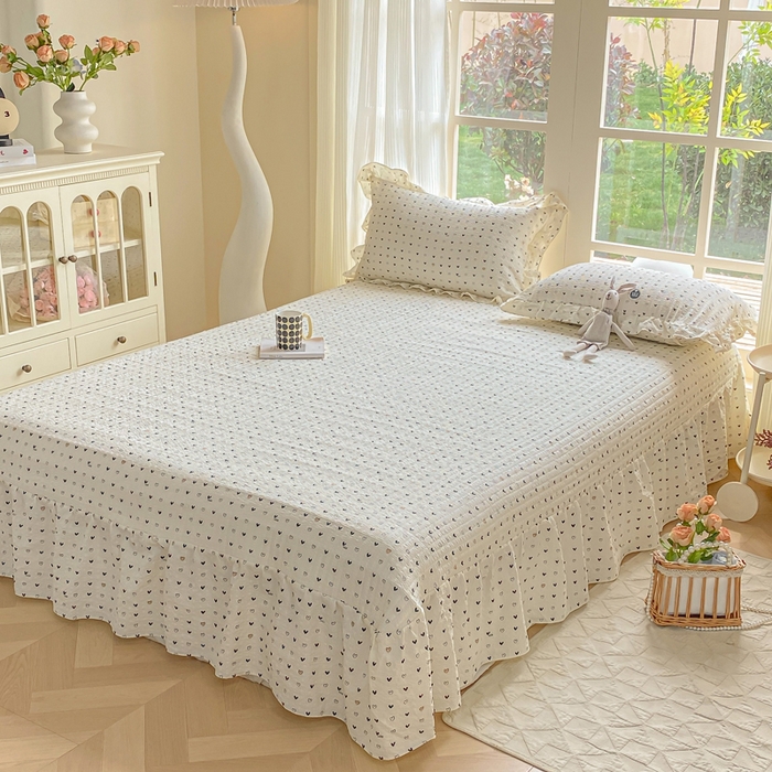 91家纺网 家纺一手货源 找家纺 昊川家纺 2026新款奶芙双层纱皱皱纱小清新多功能韩版花边床盖四件套 心动