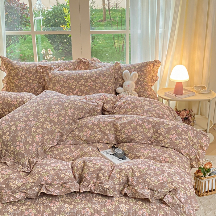 91家纺网 家纺一手货源 找家纺 昊川家纺 2026新款奶芙双层纱皱皱纱小清新多功能韩版花边床盖四件套 桔园晚香