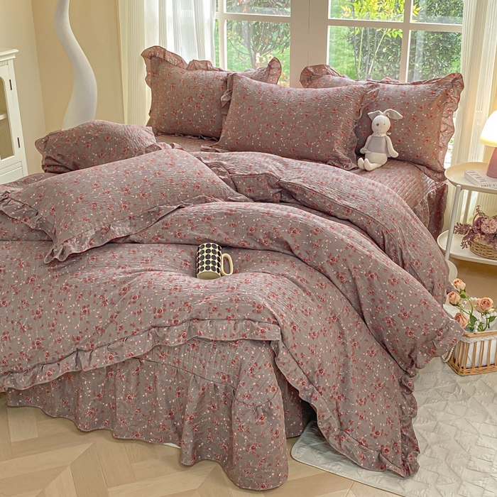 91家纺网 家纺一手货源 找家纺 昊川家纺 2026新款奶芙双层纱皱皱纱小清新多功能韩版花边床盖四件套 胭脂