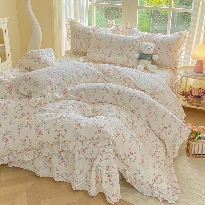 91家纺网 家纺一手货源 找家纺 昊川家纺 2026新款奶芙双层纱皱皱纱小清新多功能韩版花边床盖四件套 倾心-杏粉