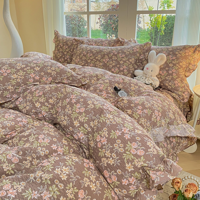 91家纺网 家纺一手货源 找家纺 昊川家纺 2026新款奶芙双层纱皱皱纱小清新多功能韩版花边床盖四件套 桔园晚香