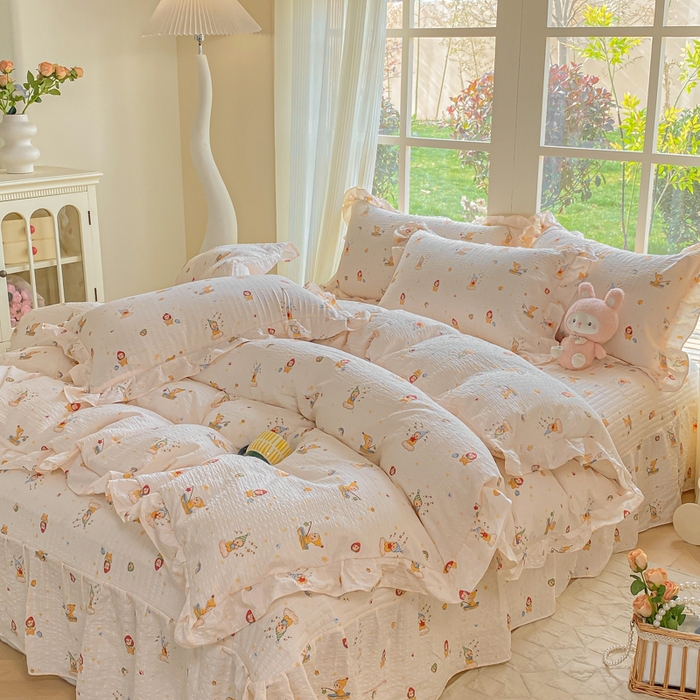 91家纺网 家纺一手货源 找家纺 昊川家纺 2026新款奶芙双层纱皱皱纱小清新多功能韩版花边床盖四件套 可爱星人