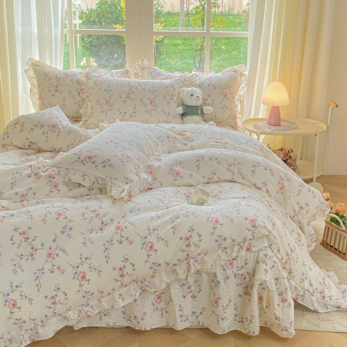 91家纺网 家纺一手货源 找家纺 昊川家纺 2026新款奶芙双层纱皱皱纱小清新多功能韩版花边床盖四件套 倾心-杏粉