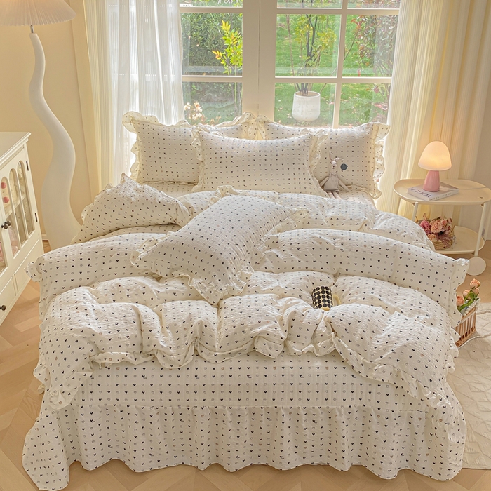 91家纺网 家纺一手货源 找家纺 昊川家纺 2026新款奶芙双层纱皱皱纱小清新多功能韩版花边床盖四件套 心动