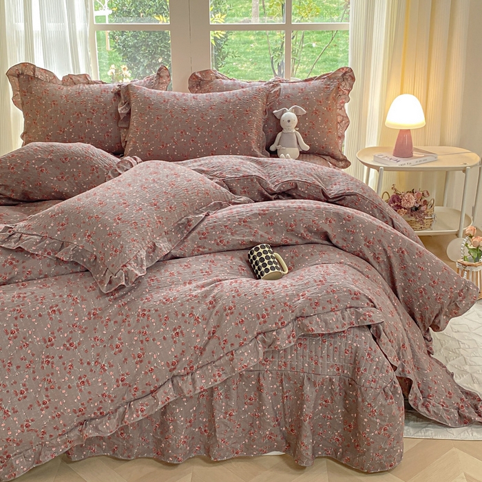 91家纺网 家纺一手货源 找家纺 昊川家纺 2026新款奶芙双层纱皱皱纱小清新多功能韩版花边床盖四件套 胭脂