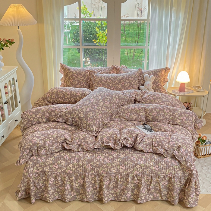 91家纺网 家纺一手货源 找家纺 昊川家纺 2026新款奶芙双层纱皱皱纱小清新多功能韩版花边床盖四件套 桔园晚香