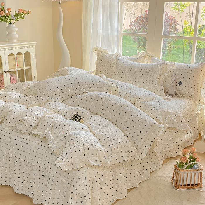 91家纺网 家纺一手货源 找家纺 昊川家纺 2026新款奶芙双层纱皱皱纱小清新多功能韩版花边床盖四件套 心动