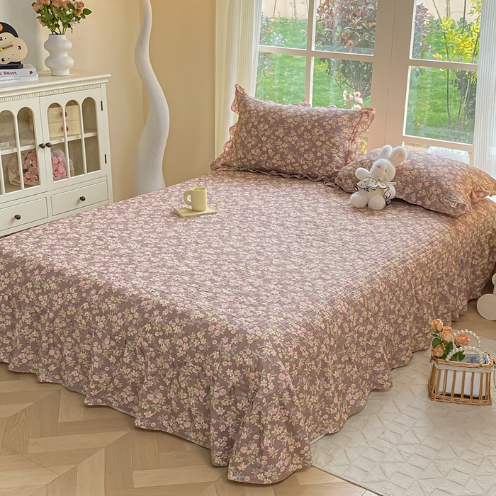 91家纺网 家纺一手货源 找家纺 昊川家纺 2026新款奶芙双层纱皱皱纱小清新多功能韩版花边床盖四件套 桔园晚香