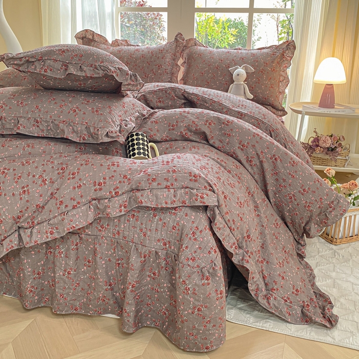 91家纺网 家纺一手货源 找家纺 昊川家纺 2026新款奶芙双层纱皱皱纱小清新多功能韩版花边床盖四件套 胭脂