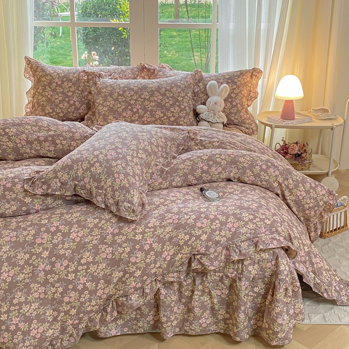 91家纺网 家纺一手货源 找家纺 昊川家纺 2026新款奶芙双层纱皱皱纱小清新多功能韩版花边床盖四件套 桔园晚香