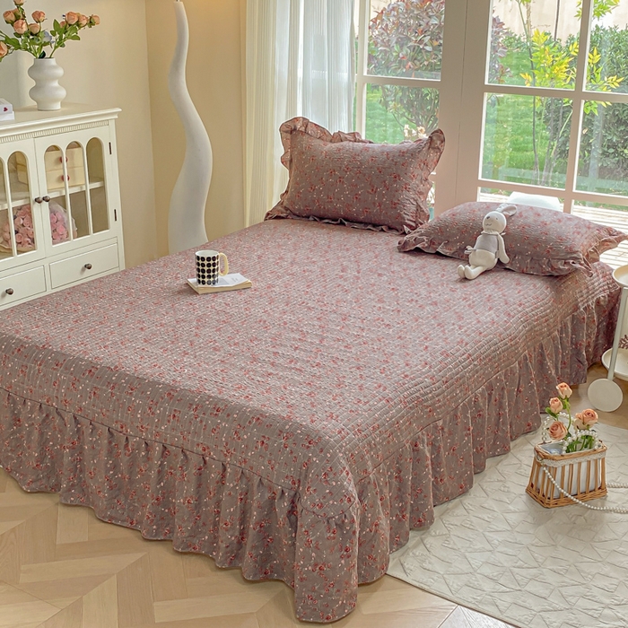 91家纺网 家纺一手货源 找家纺 昊川家纺 2026新款奶芙双层纱皱皱纱小清新多功能韩版花边床盖四件套 胭脂