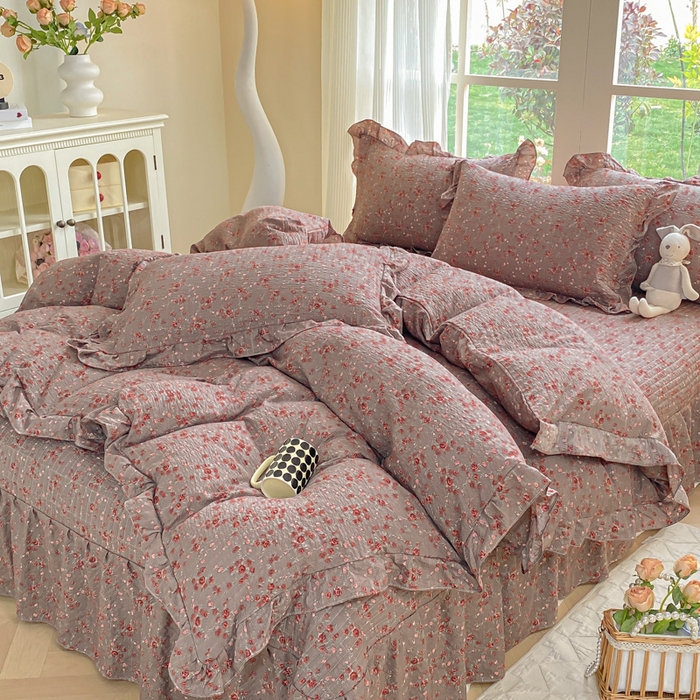 91家纺网 家纺一手货源 找家纺 昊川家纺 2026新款奶芙双层纱皱皱纱小清新多功能韩版花边床盖四件套 胭脂