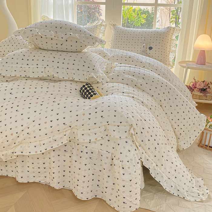 91家纺网 家纺一手货源 找家纺 昊川家纺 2026新款奶芙双层纱皱皱纱小清新多功能韩版花边床盖四件套 心动