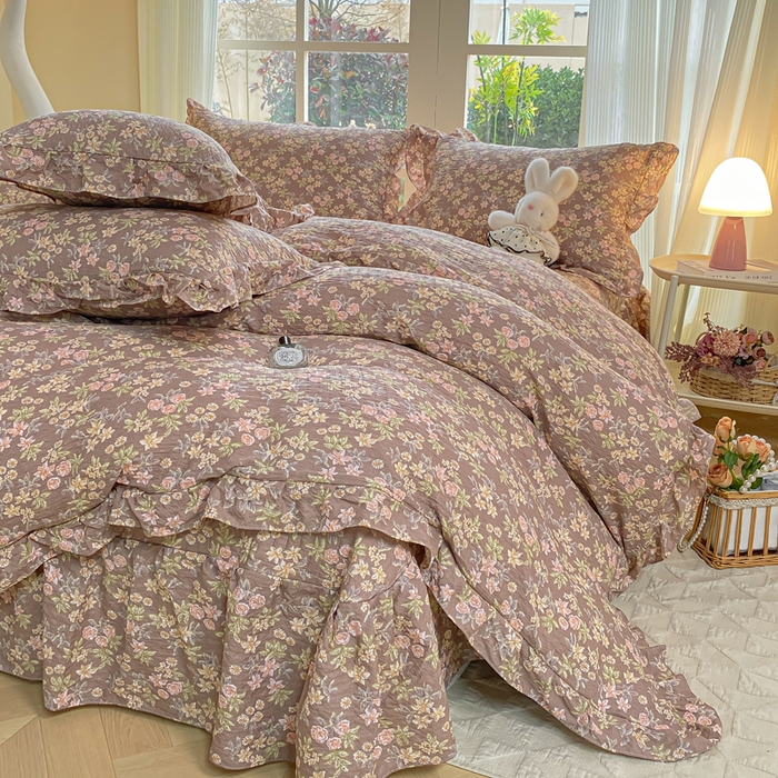 91家纺网 家纺一手货源 找家纺 昊川家纺 2026新款奶芙双层纱皱皱纱小清新多功能韩版花边床盖四件套 桔园晚香